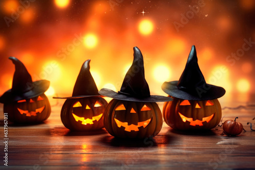 Halloween orange carved jack lantern pumpkins and decorations at outdoor night