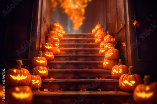 Halloween orange carved jack lantern pumpkins and decorations at outdoor night