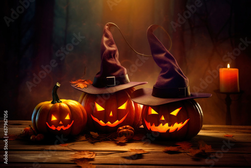 Halloween orange carved jack lantern pumpkins and decorations at outdoor night