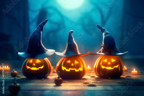 Halloween orange carved jack lantern pumpkins and decorations at outdoor night