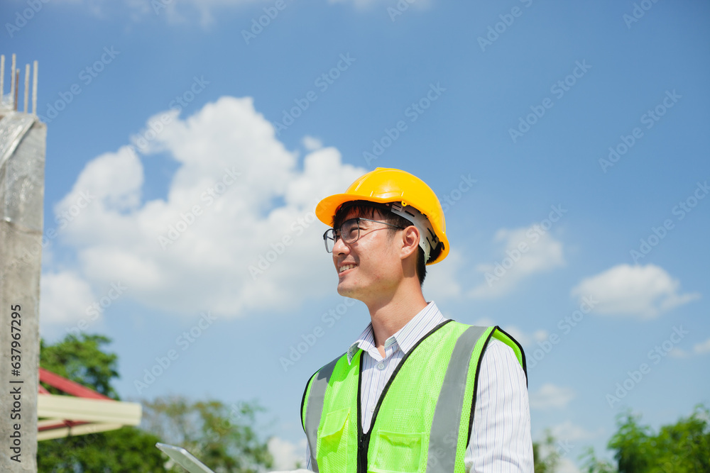 A young Asian engineer wearing a safety vest uses a computer to check the construction history of a building. Construction engineer concept. A young Asian engineer wearing a safety vest uses a computer to check the construction history of a building. Construction engineer concept.
