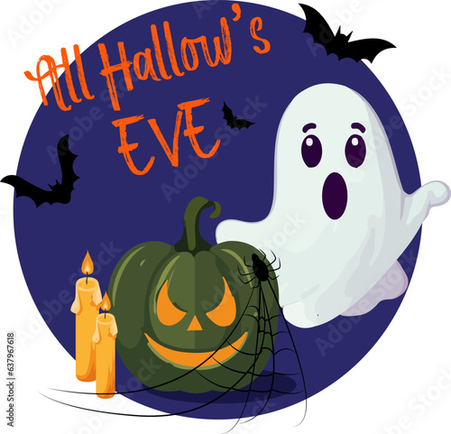 All hallows eve halloween illustration with cute ghosts and jack pumpkin lantern on dark background