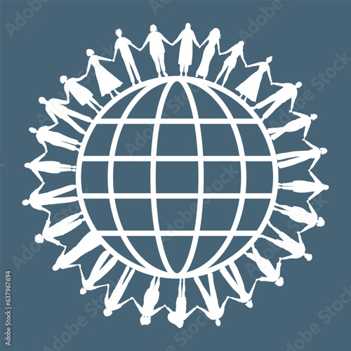 White silhouettes. large group of people. Men and women are holding hands, stand around the globe. Multicultural group of people. vector illustration on blue background