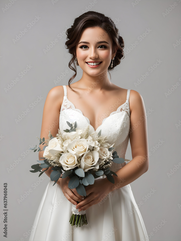 Naklejka premium young middle age happy smiling bride wearing bridal dress, bridal frock, wedding dress