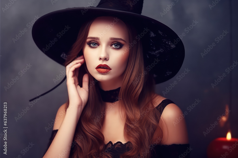 A gorgeous Witch on a Halloween background smiles at the camera. A woman in a black dress on a black-orange background. Generative AI. A gorgeous Witch on a Halloween background smiles at the camera. A woman in a black dress on a black-orange background. Generative AI.