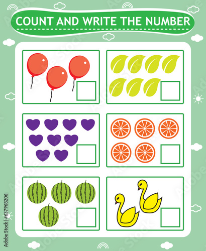 Count and Write the Number, Math Worksheet for Kids