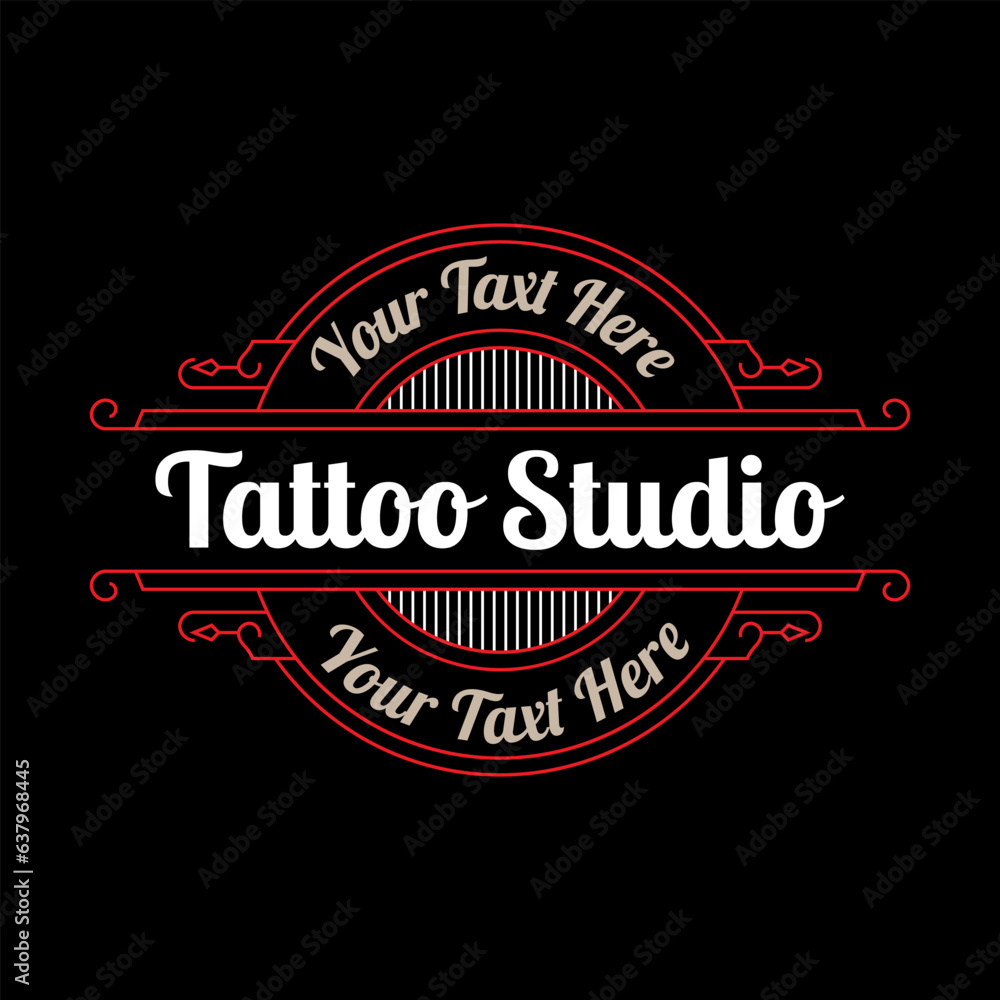 Vintage tattoo studio lettering logo with decorative ornamental frame. - Vector.