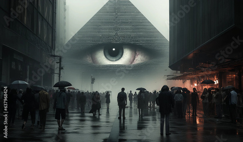 An Illuminati Pyramid With a Large Eye Watching Over a Crowd of People Within a City