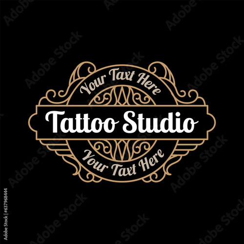Vintage luxury tattoo studio lettering logo with decorative ornamental frame. - Vector.