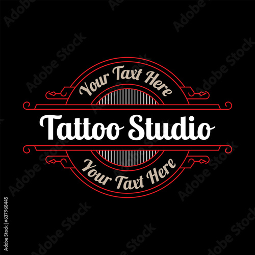 Vintage tattoo studio lettering logo with decorative ornamental frame. - Vector.