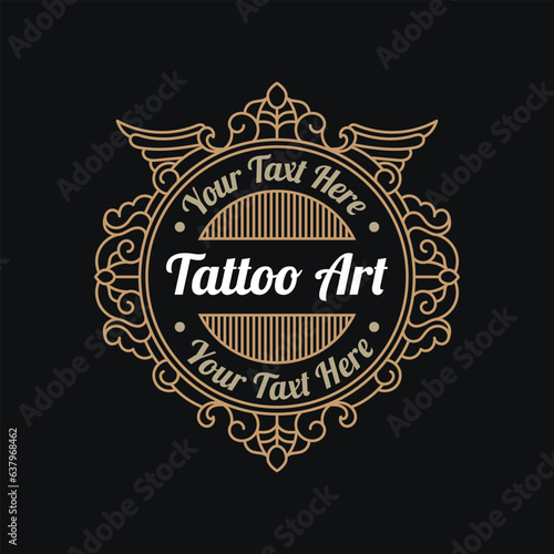 Vintage luxury tattoo studio lettering logo with decorative ornamental frame. - Vector.