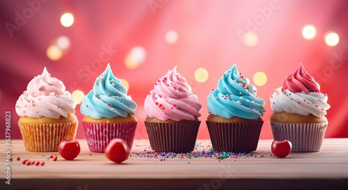 colorful cupcakes with a pink frosting with sparkly confetti falling behind