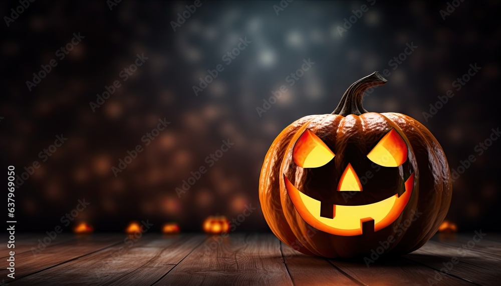 Fototapeta premium an abstract halloween pumpkin, spot light, a haunted evil glowing eyes of Jack O Lanterns on a scary halloween night.