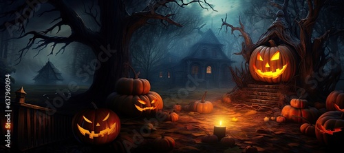 A haunted house in a dark forest, a haunted evil glowing eyes of Jack O Lanterns on a scary halloween night.
