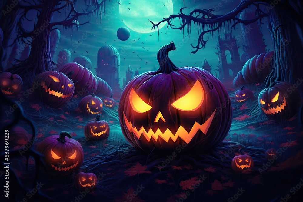 an abstract halloween pumpkins, neon colors, a haunted evil glowing eyes of Jack O Lanterns an abstract halloween pumpkins, neon colors, a haunted evil glowing eyes of Jack O Lanterns