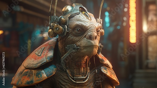 AI Shaman with cyberpunk turtle features rendered.Generative AI