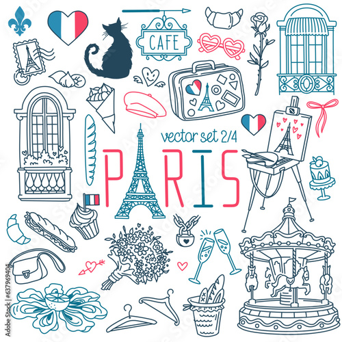 Paris doodle set. Popular French landmarks, food and attractions. Vector drawings. Outline stroke is not expanded, stroke weight is editable.	