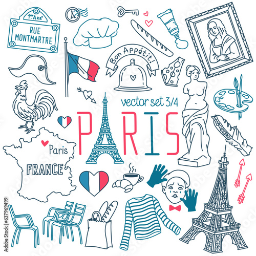 Paris doodle set. Popular French landmarks, food and attractions. Vector drawings. Outline stroke is not expanded, stroke weight is editable.	