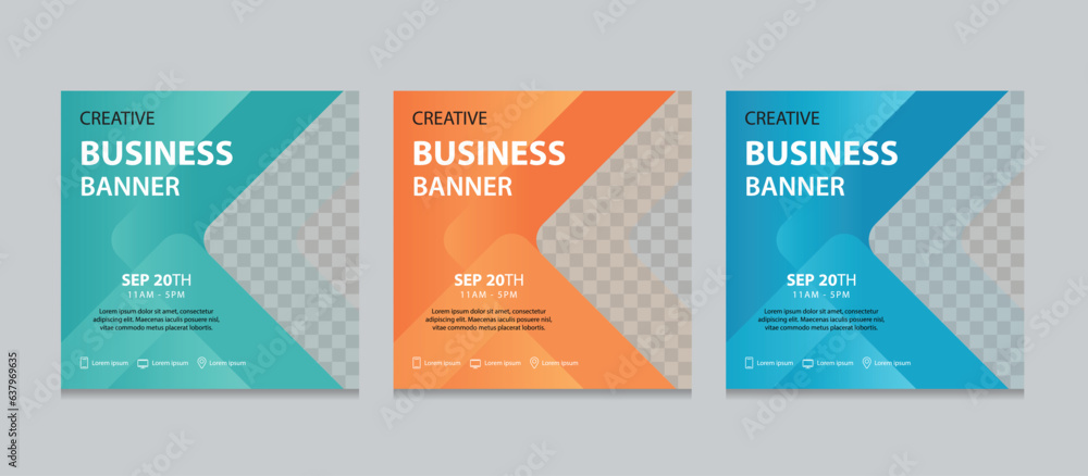 Set of Editable square business web banner design template. background gradients color. Suitable for social media post, instagram story and web ads. Vector illustration with Space to add pictures. Set of Editable square business web banner design template. background gradients color. Suitable for social media post, instagram story and web ads. Vector illustration with Space to add pictures.