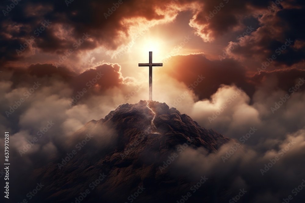 holy cross symbolizing the death and resurrection of Jesus Christ with The sky over Golgotha Hill is shrouded in light and clouds holy cross symbolizing the death and resurrection of Jesus Christ with The sky over Golgotha Hill is shrouded in light and clouds