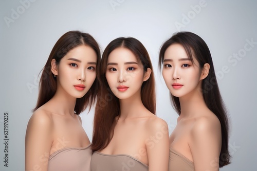 group of a Beautiful young asian woman with clean fresh skin on white background, Face care, Facial treatment, Asian women portrait