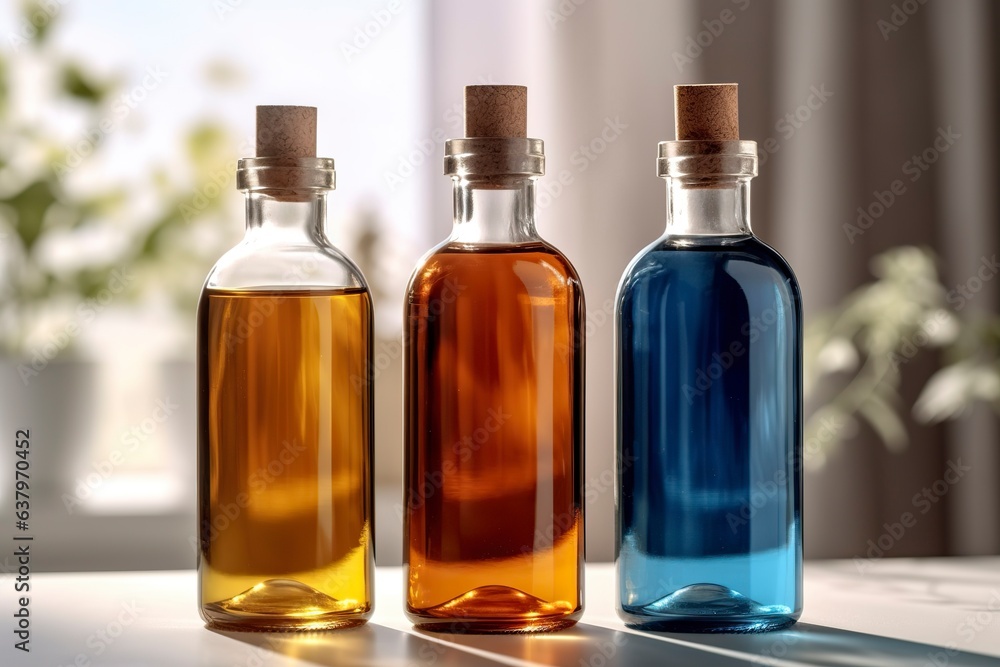 Transparent glass bottles with oriental essential oils. Transparent glass bottles with oriental essential oils.