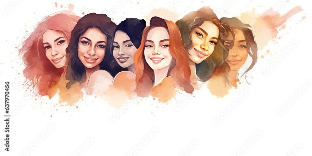 Watercolor drawing of a group of young women, feminists, blank background.
