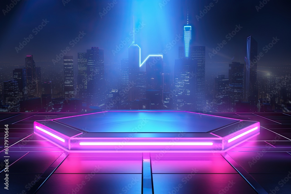 Metal lighting neon podium cyberpunk unreal city pink blue neon lasers stage product display background, 3d illustration empty display showroom - obrazy, fototapety, plakaty 