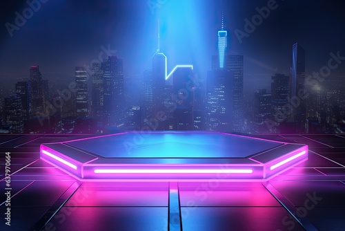 Metal lighting neon podium cyberpunk unreal city pink blue neon lasers stage product display background, 3d illustration empty display showroom photo