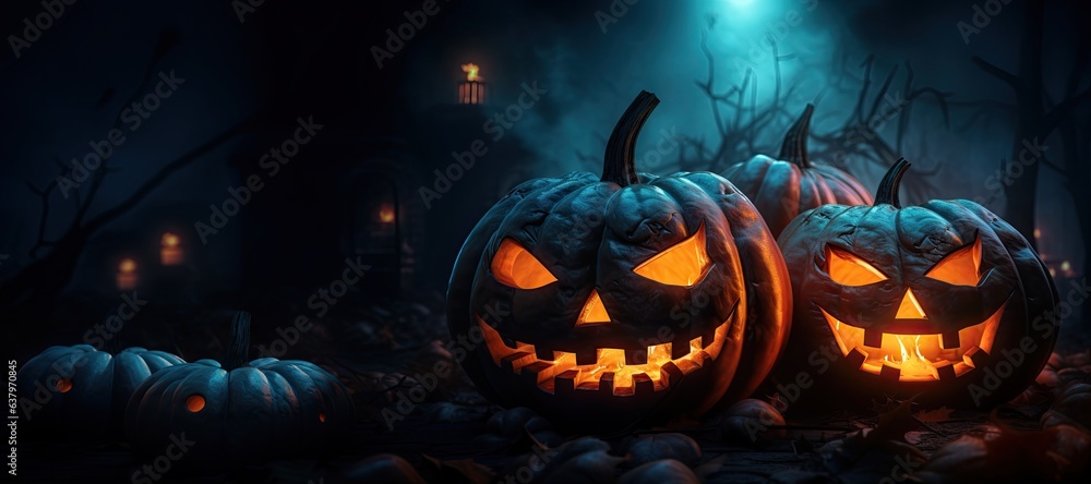 Naklejka premium a scary halloween pumpkins, with asp background and neon effect, fantastic, copy space