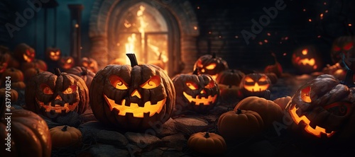 a scary halloween pumpkins, with asp background and neon effect, fantastic, copy space © CravenA
