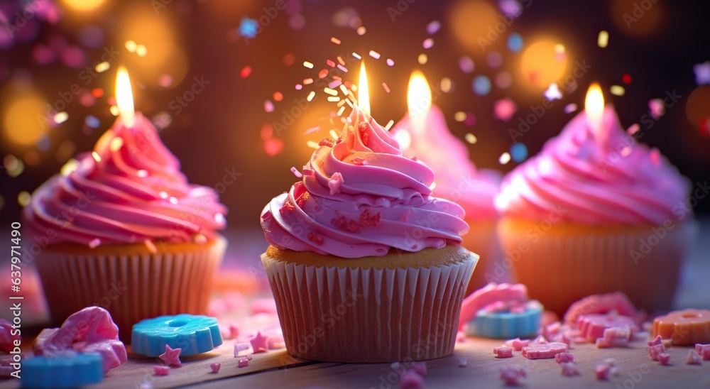 colorful cupcakes with a pink frosting with sparkly confetti falling behind colorful cupcakes with a pink frosting with sparkly confetti falling behind