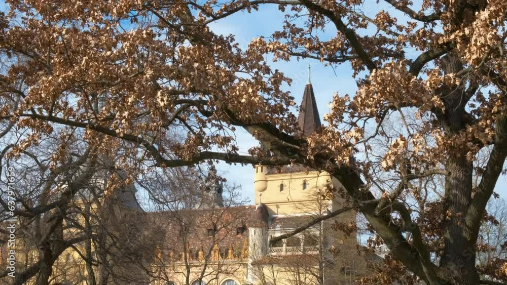 Sunny facade of vajdahunyad castle. A view of famous ornate castle facade in the park. A concept of traveling time to vajdahunyad castle. Sunny facade of vajdahunyad castle. A view of famous ornate castle facade in the park. A concept of traveling time to vajdahunyad castle.