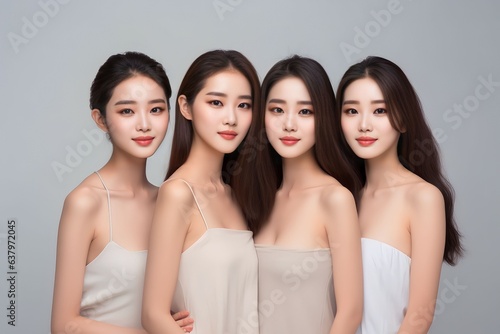 group of a Beautiful young asian woman with clean fresh skin on white background, Face care, Facial treatment, Asian women portrait