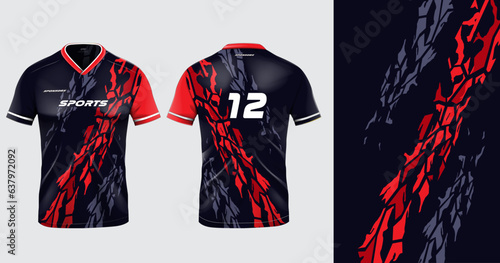 Sport jersey template mockup grunge abstract design for football soccer, racing, gaming, black red color