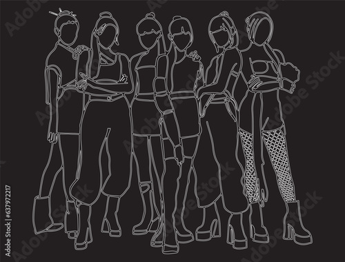 illustration of kpop idol girl band white and black background