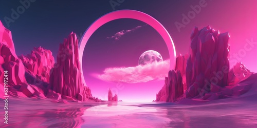 Pink fantasy landscape. Surreal kingdom concept. landscape with mountains and glossy arches thrown across the river. Long horizontal banner. Generative AI. Long horizontal banner. Wallpaper pink space