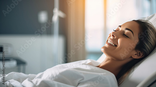 A female patient lying satisfied smiling at modern hospital patient bed. health medical. Generative Ai