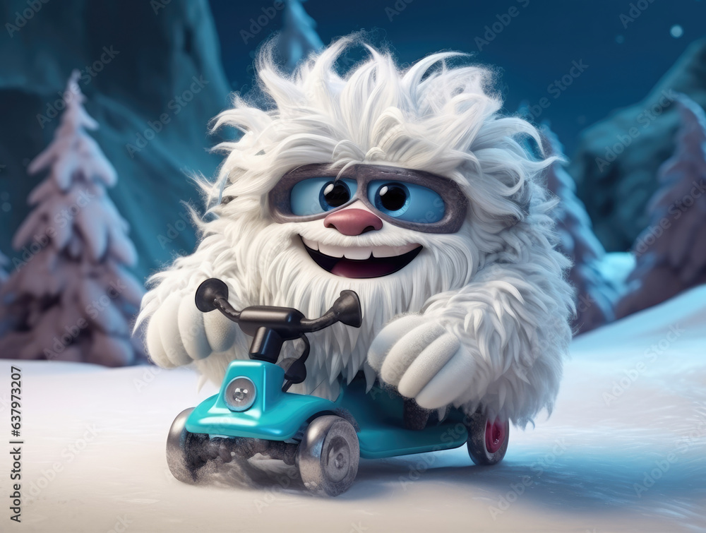 Obraz premium Funny white yeti riding a motor sled