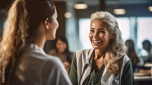 A smiling young female general practitioner enjoying sincere talk, sharing good health news with hoary older senior woman indoors.Generative Ai.