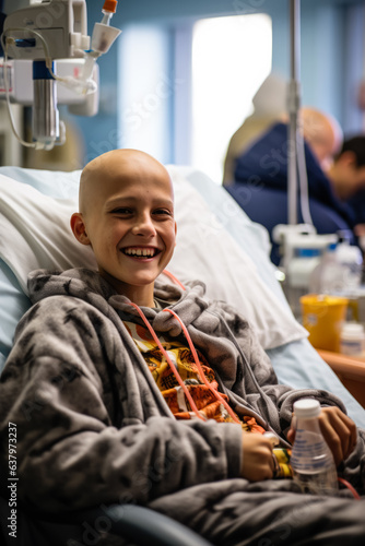 Bald boy smiling in cancer hospital bed 