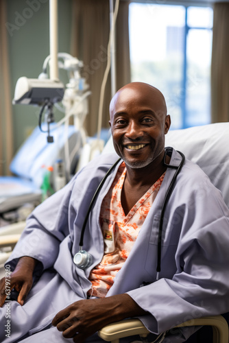 Bald man smiling in cancer hospital bed 
