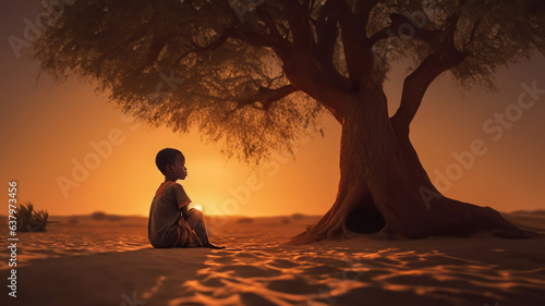 Little pensive African boy sitting on the sand under a tree with a sunset in the background. The problem of drinking water in Africa. Drought. Generated by AI