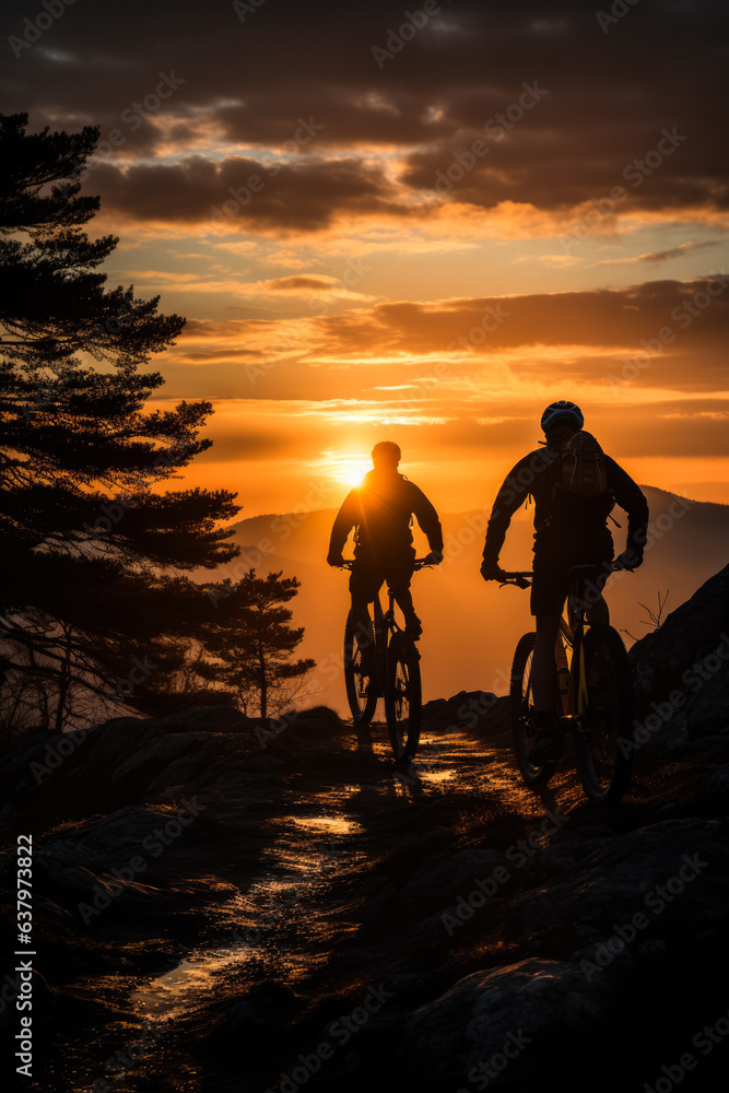 Cyclists silhouette standing on big rock against sunrise 