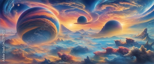 Fantasy landscape of planets, nebulae, huge clouds and falling asteroids. digital graphic artwork astrology magic Mysterious burning planet in space along with asteroids.