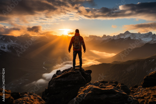 Hiker silhouette standing on big rock against sunrise  © fotogurmespb