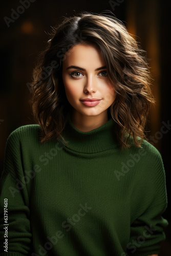 Portrait of a beautiful woman in a green sweater on an autumn background  © fotogurmespb