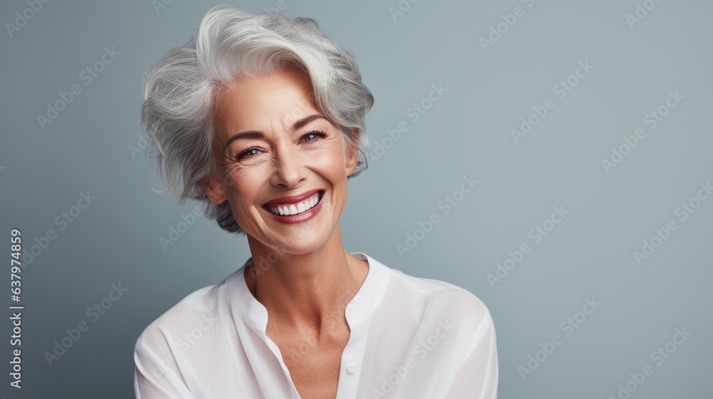 Beautiful gorgeous 50s mid age beautiful elderly senior model woman with grey hair laughing and smiling. Generative AI Beautiful gorgeous 50s mid age beautiful elderly senior model woman with grey hair laughing and smiling. Generative AI