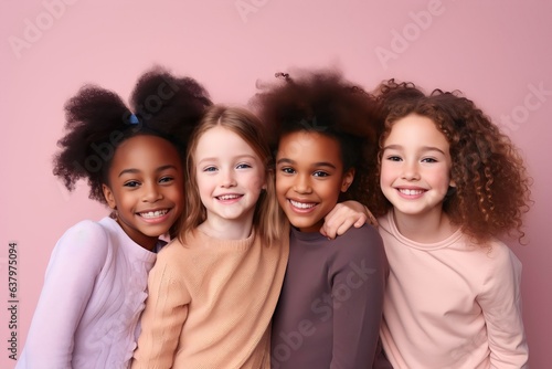 group of a diverse child friendship on pastel color background, Standing Together portrait fun multiracial