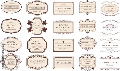 Vintage design elements. Old ornate labels, decorative vintage frame and retro badge. Elegant ornamental borders